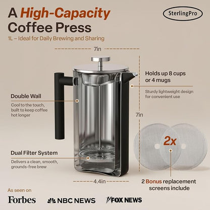SterlingPro Small Insulated Stainless Steel French Press Coffee Maker 34oz – Insulatede Metal Double Wall Coffee Maker | Plastic Free | Cool-Touch | Black Finish | Makes up to 8 cups / 4 mugs
