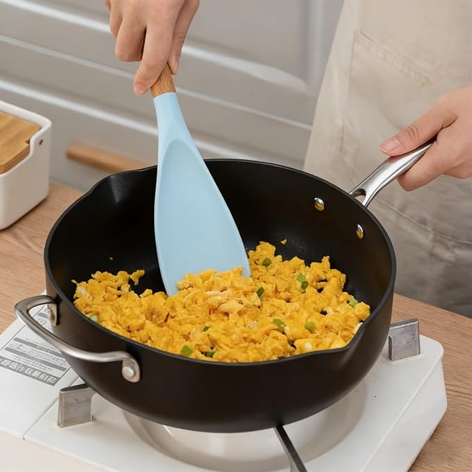 2 Pcs Wooden Handle Silicone Cooking Spoon Set for Nonstick Cookware Cooking, Baking, Stirring ，BPA-Free Heat-Resistant Spatula for Mixing, Flipping, Scraping (2 Pcs Blue)