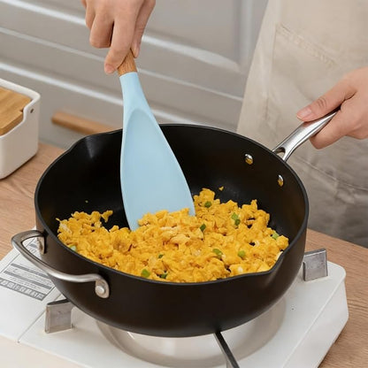 2 Pcs Wooden Handle Silicone Cooking Spoon Set for Nonstick Cookware Cooking, Baking, Stirring ，BPA-Free Heat-Resistant Spatula for Mixing, Flipping, Scraping (2 Pcs Blue)