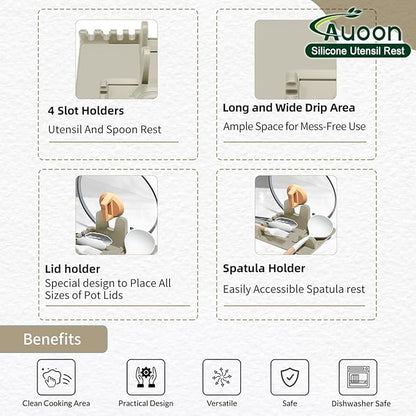 Auoon Silicone Spoon Rest with Lid Holder - 3 in 1 Kitchen Utensil Rest for Soup Ladles, Pot Lids, Spatulas, Spoons, Tongs, BPA Free & Dishwasher Safe, 8.26 x 8.06 Inch (Milk Shake, Large)