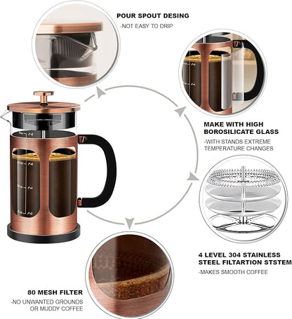 YMMIND French Press Coffee Maker (34oz 1Quart 5-6Cup) Coffee Press, with 4 Filters System, Heat Resistant Thickness Borosilicate Glass, Cold Brew Coffee Tea Pot Gifts (Copper)