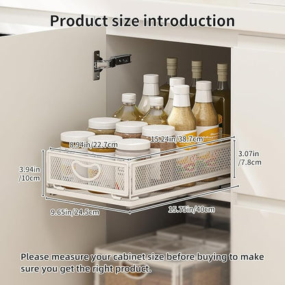 2 Pack Pull Out Cabinet Organizer, No Drill Adhesive Sliding Drawers for Kitchen, Metal Mesh Wire Storage Shelf for Pantry & Under Sink, White (9.6" W x 15.7" D x 3.9" H)