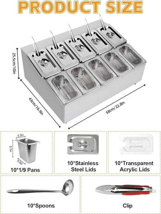 Pizza Topping Station 10 Pans Pizza Storage Container Topping containers with Lids Spoon Condiment Organizers Buffet Containers Set for Restaurant Pizza Sauce Jam Fruit Ingredient