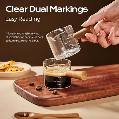 YARRAMATE 2.5 oz/75ML Espresso Shots Cup with Wooden Handle, Clear Glass Demitasse Cup with Dual Scale Markings for Coffee Extraction (2 Pack, Double Spout)