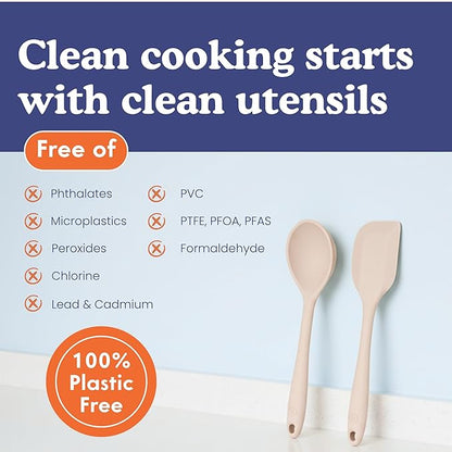 Non-Toxic Platinum Silicone Kitchen Utensil Set of 2 – Non-Scratch Cooking Spoon & Spatula, 100% Plastic Free, Stainless Steel Core, Heat Resistant 500°F, Beige