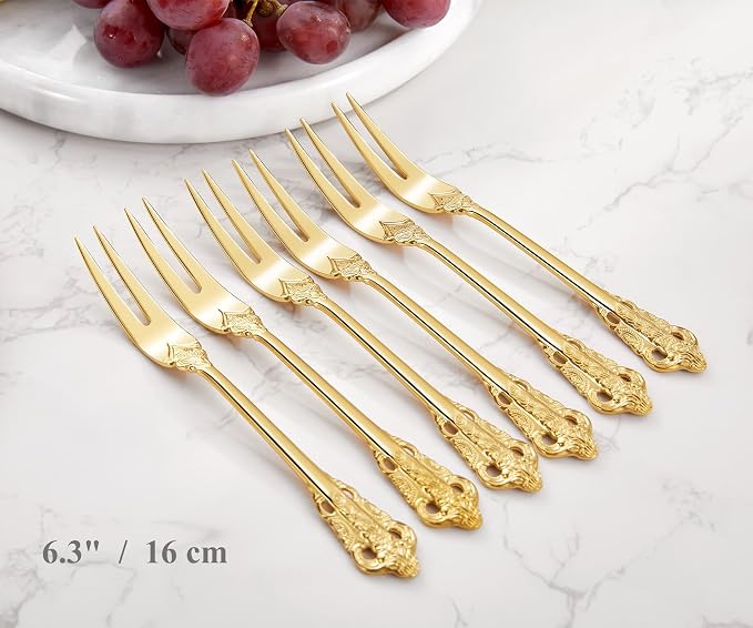 KEAWELL Luxury 6.3" Food Fork/Seafood Forks 18/10 Stainless Steel, Set of 6, Fruit Picks/Cocktail Forks/Charcuterie Accessories/Cocktail Picks for Appetizer, Cocktail, Pastry, Dessert (Gold)