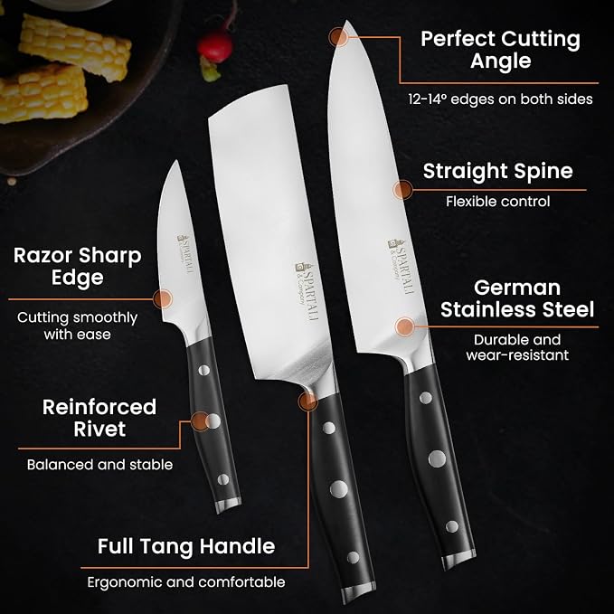 3-Piece Kitchen Knife Set – Includes 8” Chef Knife, 7” Nakiri, 3.5” Paring – High Carbon German Stainless Steel Blades, Ergonomic Handle – Versatile Knife Trio for Chopping, Dicing, and Slicing