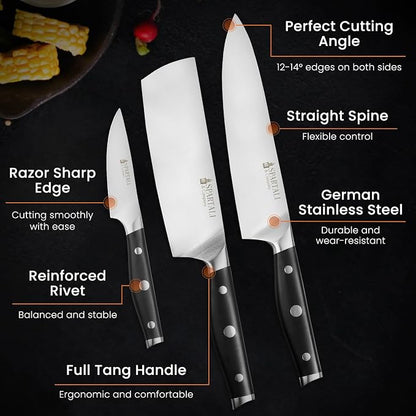3-Piece Kitchen Knife Set – Includes 8” Chef Knife, 7” Nakiri, 3.5” Paring – High Carbon German Stainless Steel Blades, Ergonomic Handle – Versatile Knife Trio for Chopping, Dicing, and Slicing