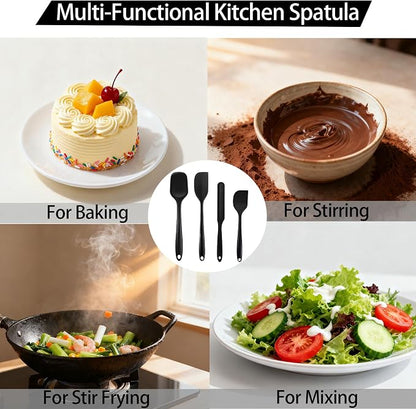 Silicone Spatula Set, Food Grade Rubber Spatula, 4 Pcs Heat Resistant Silicone Spatulas, One Piece Design Non-Stick Kitchen Utensils for Cooking, Stirring, Baking & Mixing, Dishwasher Safe (Black)