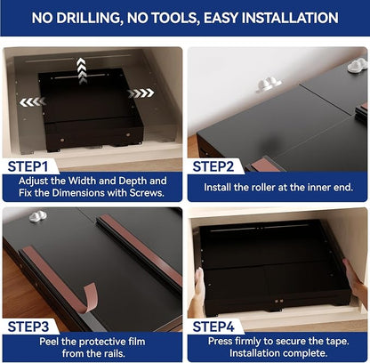 Pull out Cabinet Organizer, Full Metal Expandable Width (14.8"-20.8") & Depth (12.4"-17.7") Adjustable Slide out Drawers, No Drill Adhesive Roll out Shelves for Kitchen Pantry, Black