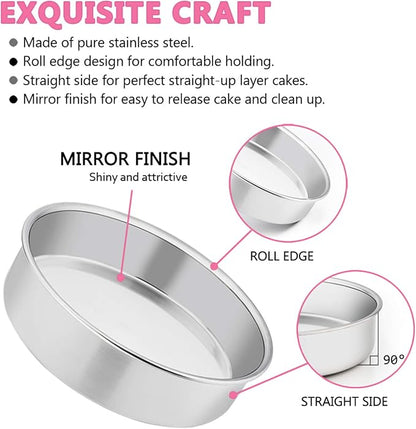 E-far 6 Inch Cake Pan Set of 3, Stainless Steel Round Smash Cake Baking Pans Tins, Non-Toxic & Healthy, Mirror Finish & Dishwasher Safe