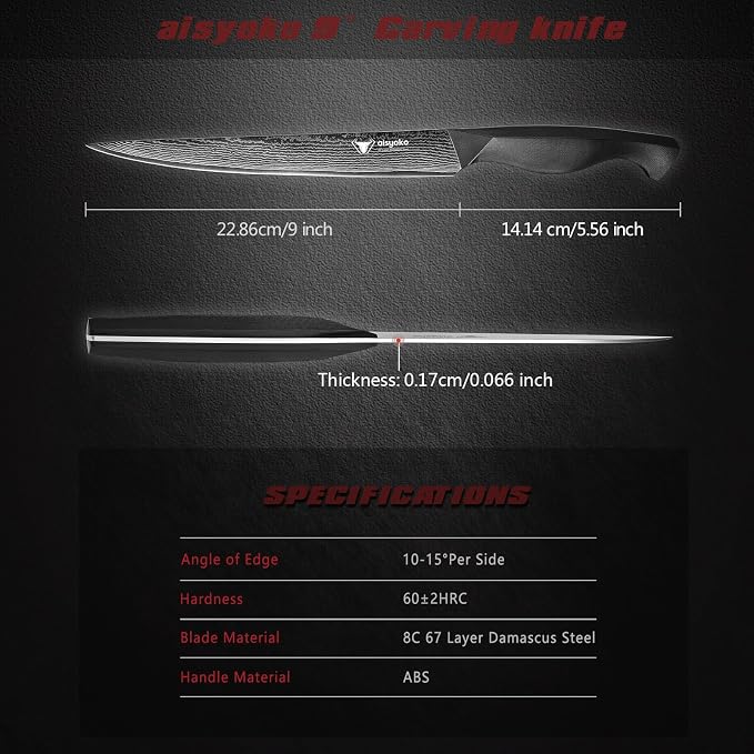 aisyoko Slicing Knife 9", Long, Thin Blade, Allows for Cleaner Cuts to Preserve Juices and Flavor, Cutluxe Meat Carving Knife – Turkey Carving Knife,All Tang non-slip handle design,Premium Gift Box