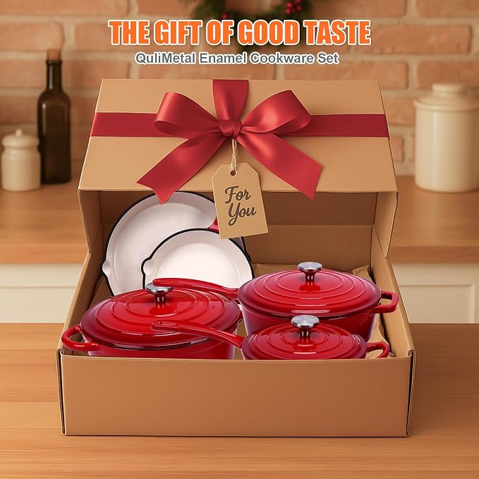 QuliMetal Nonstick Enameled Cast Iron Cookware Set, 5 Pcs Pots and Pans with Lid, Skillet, Frying Pan, Saucepan & Dutch Oven for All Stovetops, PFA Free - Ideal for Sourdough Bread Baking