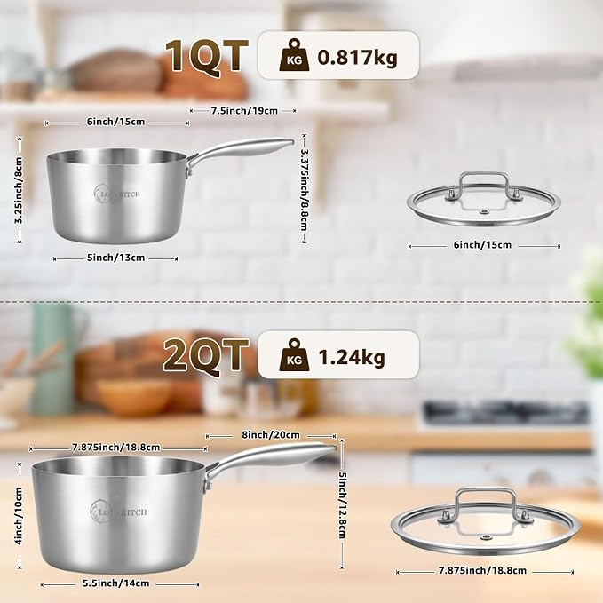 LOLYKITCH Tri-Ply Stainless Steel Saucepan Set with Glass Lids, 1QT & 2QT Cooking Pots, Uncoated Heavy Bottom Metal Sauce Pans for Induction Cooktop, Ergonomic Handle