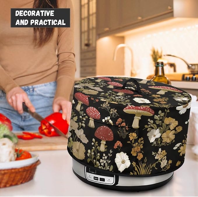 Vintage Mushroom Floral Slow Cooker Dust Cover Compatible with 6-8 qt Crock for Pot Small Kitchen Appliance Decor Dust Cover with Top Handle and Pocket
