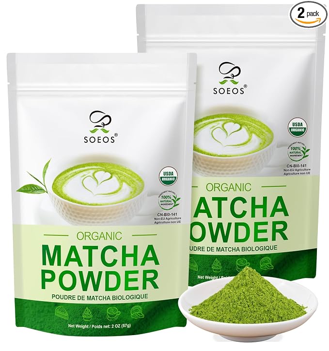 Soeos Organic Matcha Powder, Matcha Green Tea Powder, 2 oz (2 Pack), Total 4 oz, Antioxidant-Rich Matcha Powder for Lattes, Smoothies and Baking, Recyclable Bags