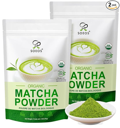 Soeos Organic Matcha Powder, Matcha Green Tea Powder, 2 oz (2 Pack), Total 4 oz, Antioxidant-Rich Matcha Powder for Lattes, Smoothies and Baking, Recyclable Bags