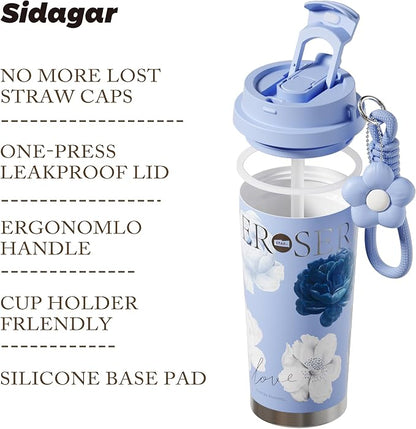 Siidagar 18 oz Coffee Mug, Stainless Steel Insulated Travel Mug with Flip Straw, Double Wall Tumbler Cup with Leak Proof Lid,Reusable Ceramic Water Bottle for Office,Blue