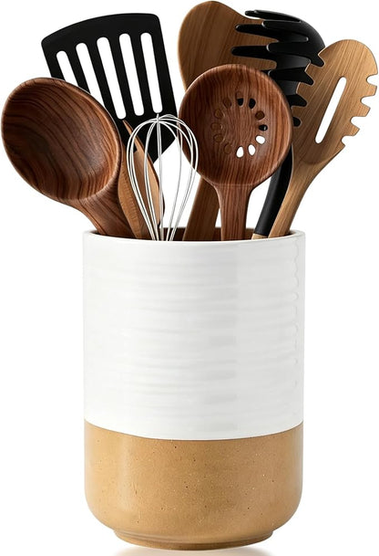 HASENSE Large Ceramic Utensil Holder, 7.4" Cooking Utensil Crock for Kitchen Counter, Utensil Organizer Caddy for Kitchen Utensil Set, Vintage Farmhouse Decor Gift, White