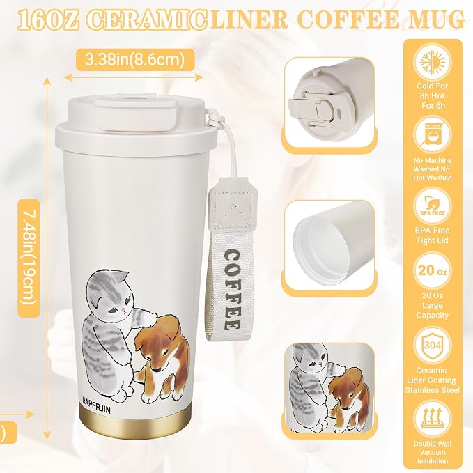 16 OZ Insulated Tumbler With Lid And Straw, Stainless Steel Cat Dog Tumbler, Travel Water Ceramic Lined Coffee Tumbler, Double Wall Vacuum Leak Proof Mug Cup For Office School Party Camping