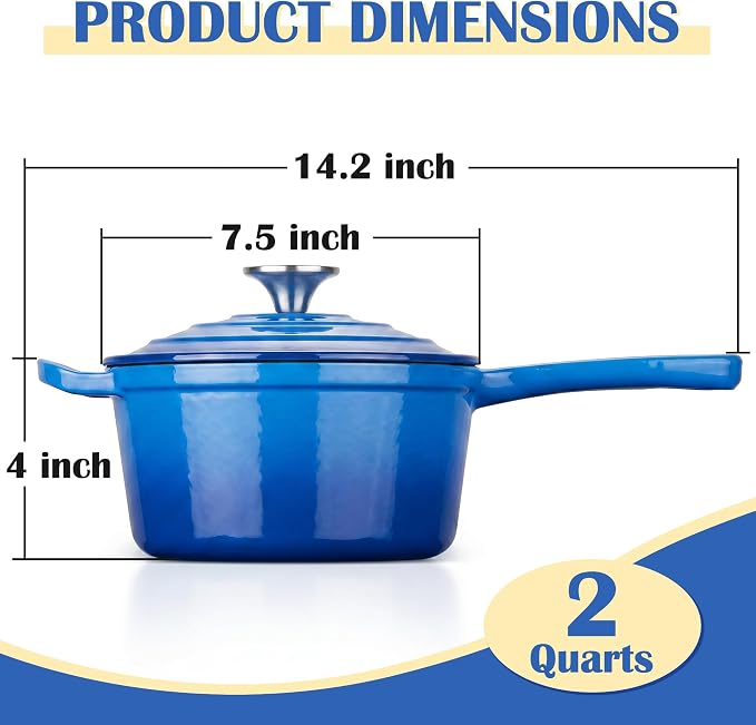 E-far Enameled Cast Iron Sauce Pan, 2 Quart Dutch Oven Saucepan with Lid, Small Sauce Pot for Cooking, Boiling, Healthy & Non Toxic, Induction & Oven Safe, Deep Blue