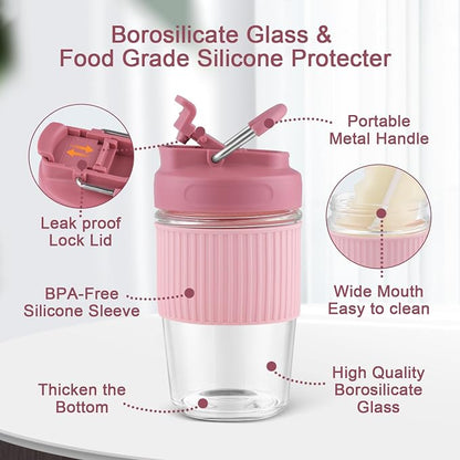 Sivaphe Reusable Glass Coffee Cup 12 oz, Portable Travel Mug with Spill-Proof Lid and Protect Sleeve for Home Office Pink