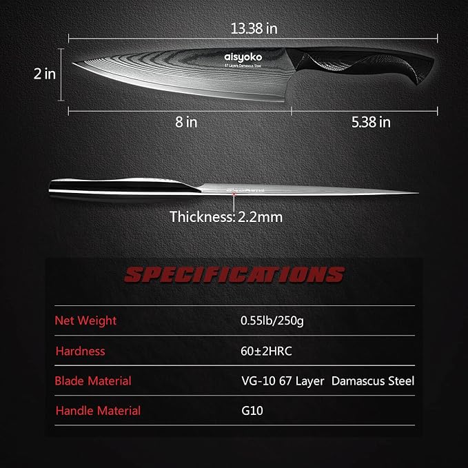 aisyoko Damascus Chef Knife 8 Inch Sharp Kitchen Knife Japan VG-10 Stainless Steel Carbon Ultra Sharp Kitchen Cooking Knife, Ergonomic G10 Handle Deluxe Gift Box