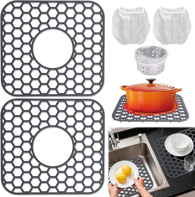2PCS Silicone Sink Protectors for Kitchen Sink, 12.4" × 11.5" Silicone Sink Mat with 2 Filter Screen, Center Drain Hole, Heat Resistant Non-Slip, Dishwasher Suitable(Dark Gray)