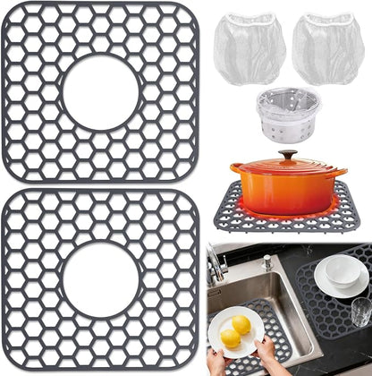 2PCS Silicone Sink Protectors for Kitchen Sink, 12.4" × 11.5" Silicone Sink Mat with 2 Filter Screen, Center Drain Hole, Heat Resistant Non-Slip, Dishwasher Suitable(Dark Gray)