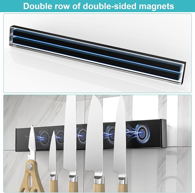 Knife Magnetic Strip With 3 Hooks, 14" Magnetic Knife Holder for Wall Mount Fridge Refrigerator, No Drill Knife Magnet Tool Holder Bar Adhesive Backing, Kitchen Organizer Knives Block RV Accessories