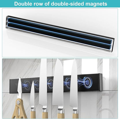 Knife Magnetic Strip With 3 Hooks, 14" Magnetic Knife Holder for Wall Mount Fridge Refrigerator, No Drill Knife Magnet Tool Holder Bar Adhesive Backing, Kitchen Organizer Knives Block RV Accessories