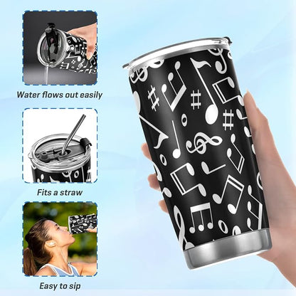 Tumbler Black White Music Note Insulated Coffee Cup Beverage Container Travel Mug with Straw and Lid Double Wall Stainless Steel 20oz Holiday Gift