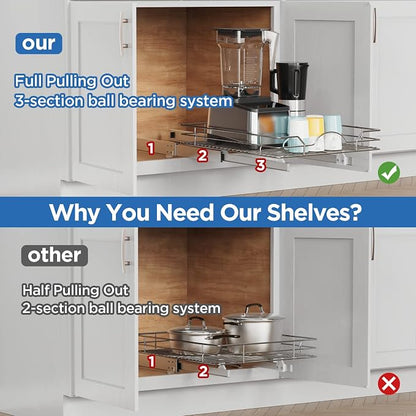 ROOMTEC Pull Out Cabinet Organizer - 17" W x 21" D, Slide Out Kitchen Cabinet Storage Shelves, Fits 18.5" Opening