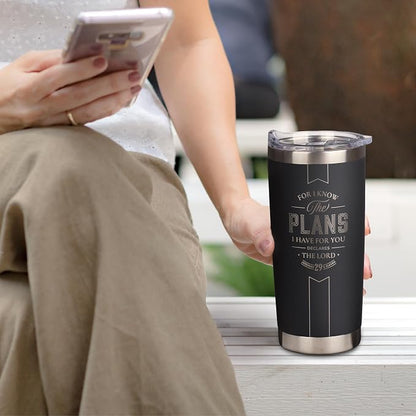 Christian Art Gifts Large Stainless Steel Inspirational Travel Tumbler for Men & Women: Know the Plans Encouraging Bible Verse, Engraved Double Wall Vacuum Insulated, Lid, 24hr Hot/Cold, Black, 18 oz.