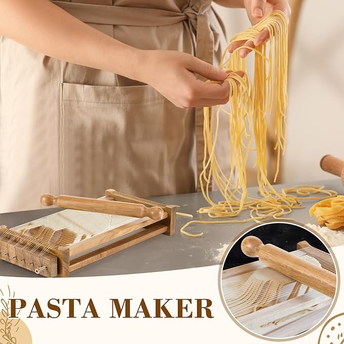 SiliFine Chitarra Cutter Italian Pasta with Rolling Pin Guitar Board Making Tool Pasta Machine for Spaghetti, Lasagna (Wood Color,Acacia Wood)