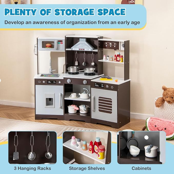 Costzon Corner Kids Kitchen Playset, Wooden Toy Kitchen Set w/Lights & Sounds Range Hood, Ice Maker, Pretend Telephone, Sink, Faucet, Microwave, Oven, Play Kitchen for Kids 3+ (Brown)