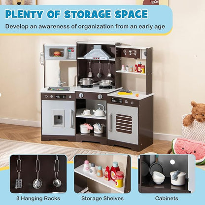 Costzon Corner Kids Kitchen Playset, Wooden Toy Kitchen Set w/Lights & Sounds Range Hood, Ice Maker, Pretend Telephone, Sink, Faucet, Microwave, Oven, Play Kitchen for Kids 3+ (Brown)