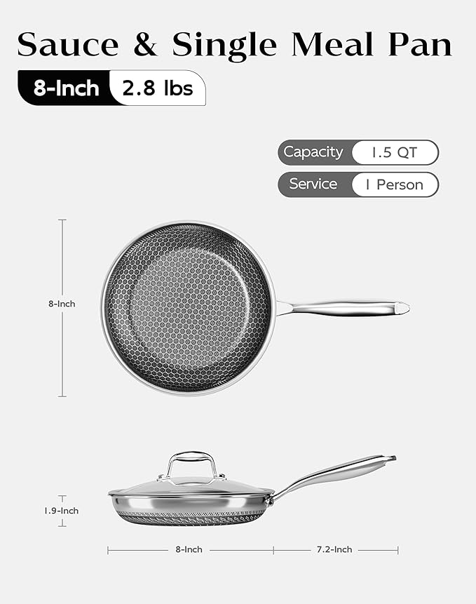 Nonstick Frying Pan with Lid 7-Inch, Durable Stainless Steel Skillet, Induction Cooktop Compatible, PFOA-Free Scratch-Proof, Dishwasher & Oven Safe, Stay-Cool Handle, Silver Kitchen Cookware