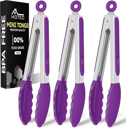 Hotec Mini Silicone Kitchen Tongs for Cooking - 7-Inch Small Serving Tongs with Silicone Tips, Set of 3 (Purple)