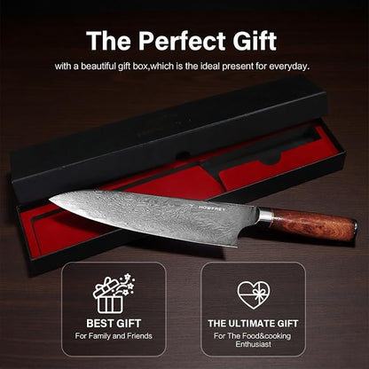 Damascus Chef Knife, 8 Inch 67-Layer Japanese Kitchen Knives Sharp VG-10 High Carbon Stainless Steel with Ergonomic Red Sandalwood Handles, for Home Kitchen Gift Idea