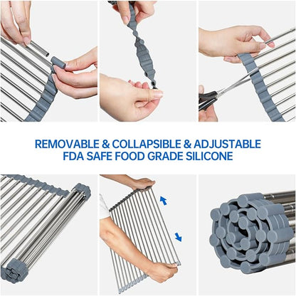 Expandable Roll Up Dish Drying Rack Over The Sink Rack, Large Dish Drainer Rack for Stainless Steel Sinks, Non-Slip Silicone Collapsible Rack 18 Tube for Kitchen, Sliver Gray