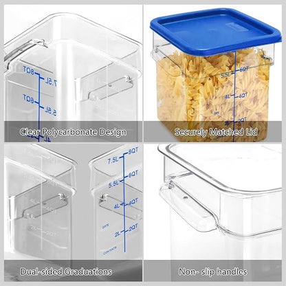4 Pack Food Storage Containers with Blue Lids, 6.0 Qt - Square, Clear, Polycarbonate, for Restaurant Commercial Kitchen and Home party