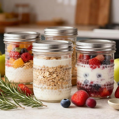 6 Pack Overnight Oats Containers with Lids,Wide Mouth Mason Jars 16 oz, Pint Mason Jars Glass Canning Jars for Storing Food, Sauces, Salad, Relishes
