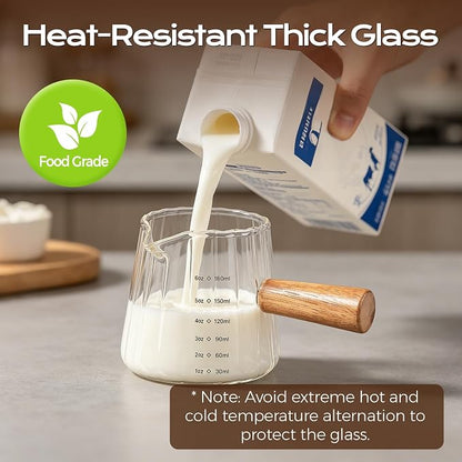 YARRAMATE 6 oz/180ML Glass Measuring Cup with Wooden Handle – Espresso Shot Cups, Ribbed Milk Frothing Pitcher, Dual Scale Markings, V-Shaped Mouth for Easy Pouring