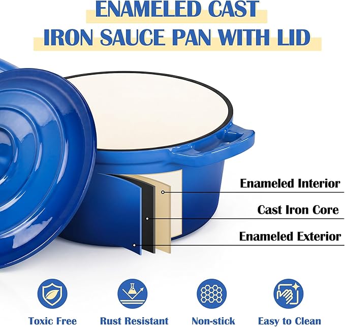 E-far Enameled Cast Iron Sauce Pan, 2 Quart Dutch Oven Saucepan with Lid, Small Sauce Pot for Cooking, Boiling, Healthy & Non Toxic, Induction & Oven Safe, Deep Blue