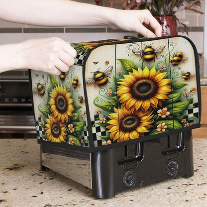 4 Slice Sunflower Wood Bee Toaster Cover Waterproof Dust Fingerprint Bread Machine Cover Washable Kitchen Appliance Protector For Home Kitchen Bakeware Table Decor Women Gifts