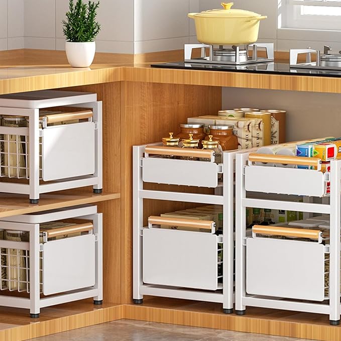 2 Tier Pull-out Storage Organizer, Slide Out Kitchen Cabinet Storage Sliding Shelves, Under Sink Organizers Drawer, Mesh Cabinet Basket with Handle for Bathroom, Home(White,Double Layer S)