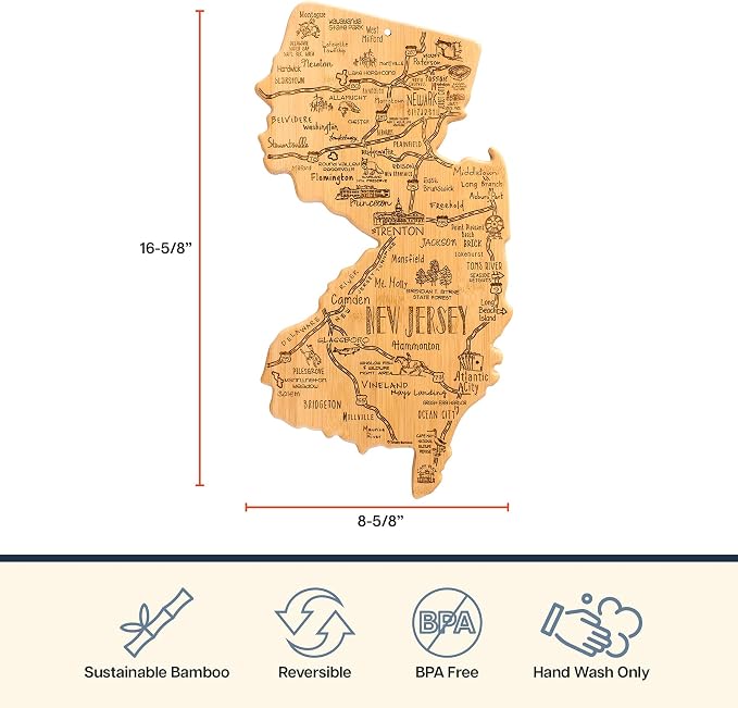 Totally Bamboo Destination New Jersey Shaped Cutting Board – Bamboo Charcuterie and Serving Board with Hang Tie for Wall Display