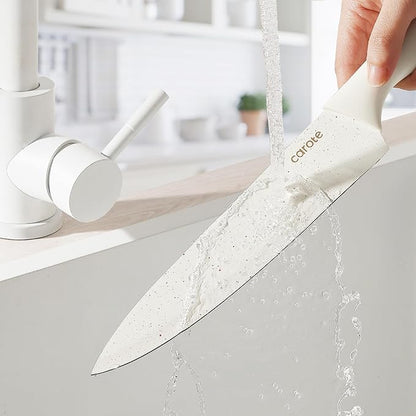 CAROTE 15Piece Knife Set, Kitchen Knife Block Set, Elegant White Ceramic-Coated Blades with Stylish Wooden Block for Modern Culinary Excellence