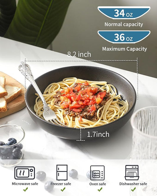 Ceramic Pasta Bowls, 34 oz Large Serving Bowls Set of 2, Stoneware Dinner Bowls for Pasta, Soup, Salad, Deep Pasta Plates for Housewarming Gift, Microwave & Dishwasher Safe, Matte Black